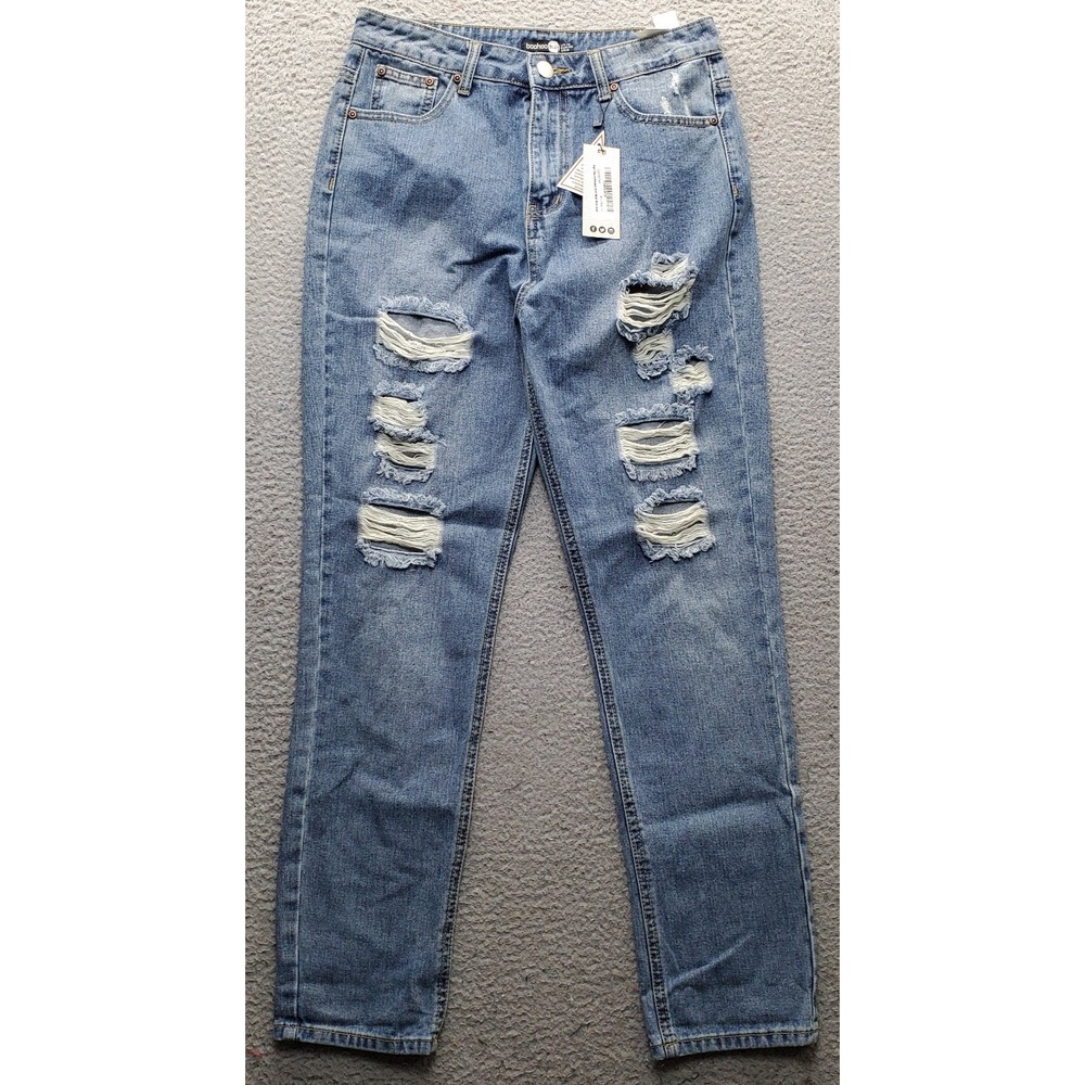 Boohoo Mom Jeans Womens 8 Blue Denim Distressed High Rise Acid Wash Straight Leg